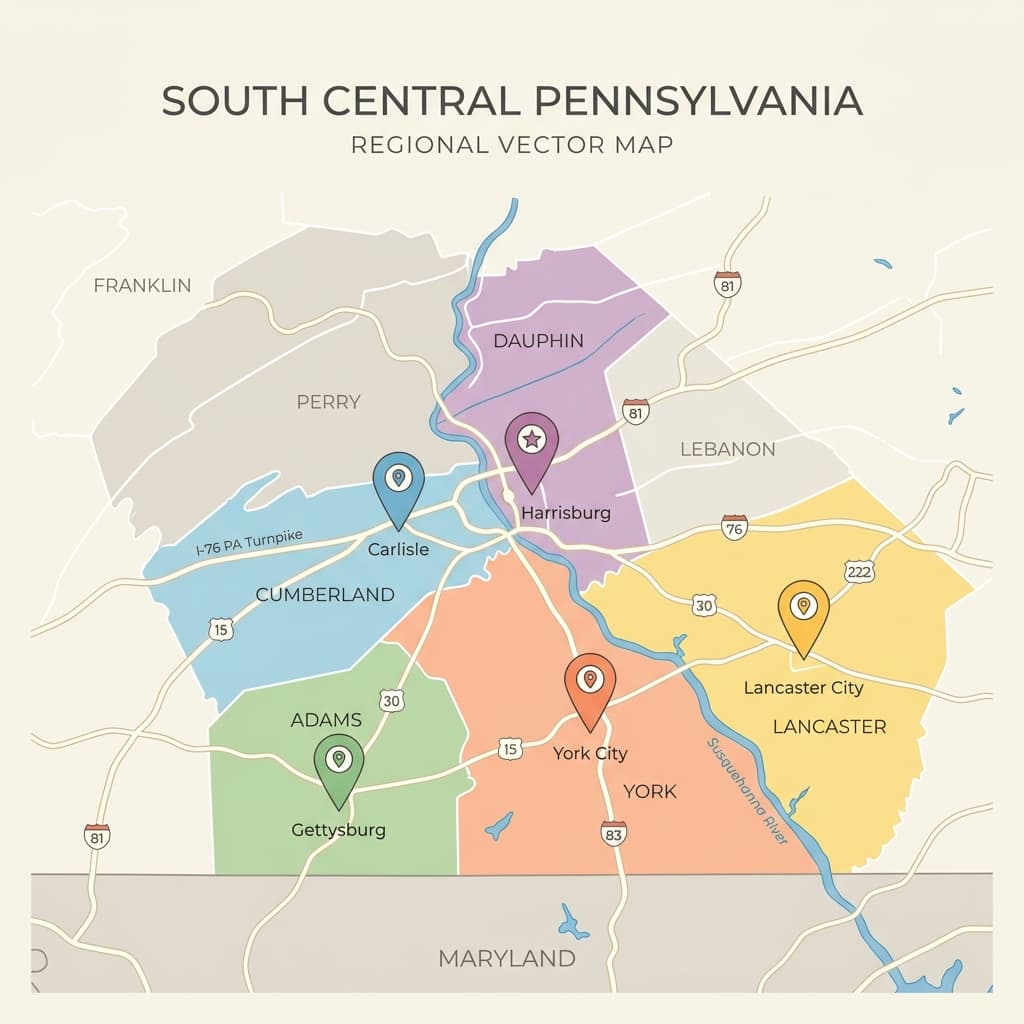 Pennsylvania regional map highlighting York, Adams, Lancaster, Cumberland, and Dauphin counties